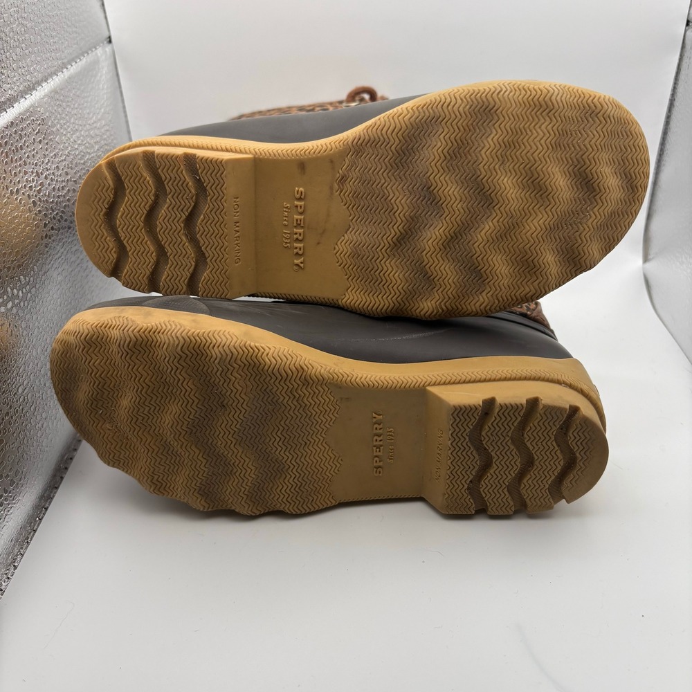 Sperry Saltwater Leopard Print Duck Boots Brown Kids Girls Waterproof Shoes - Picture 6 of 11